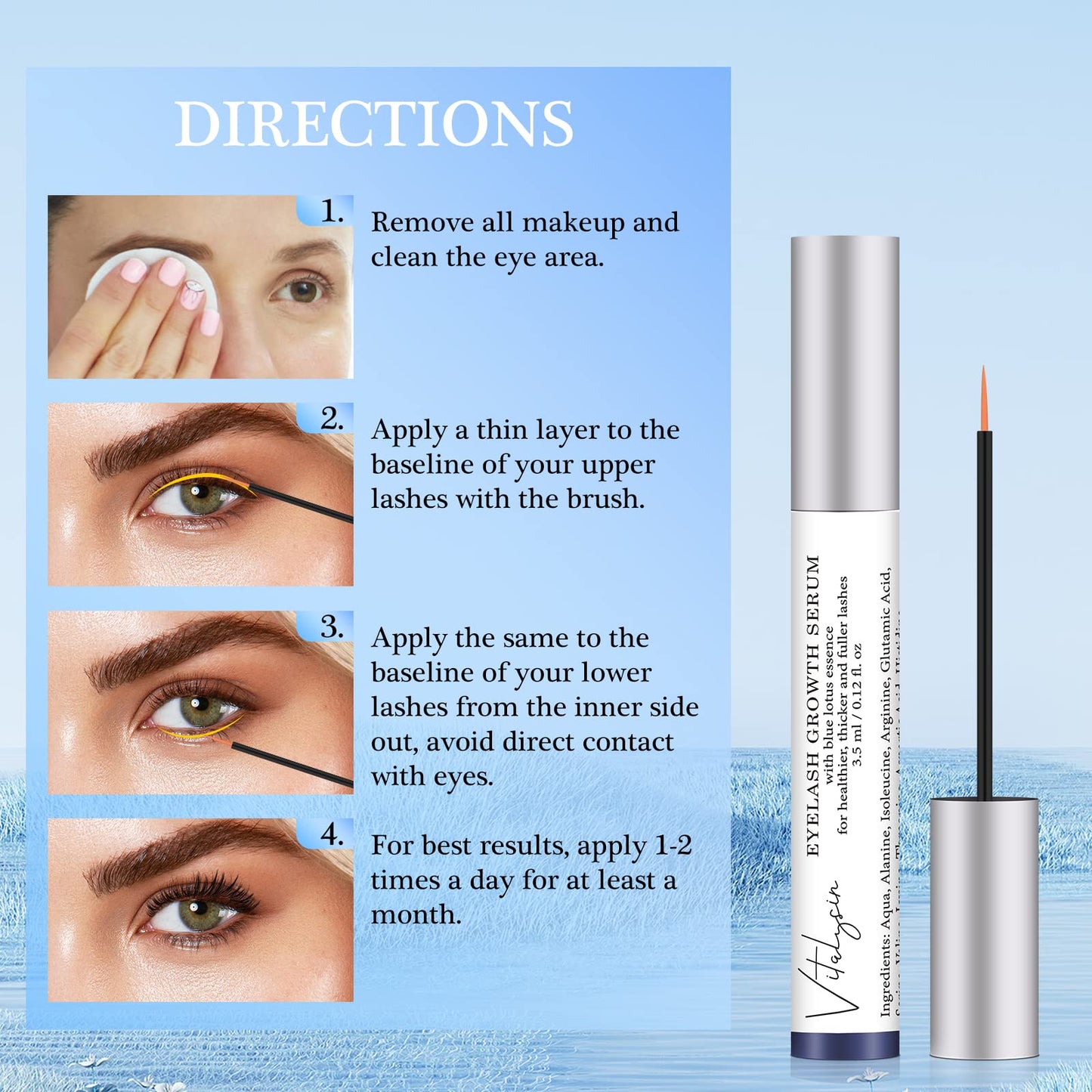 Vitalysin Eyelash Growth Serum - Eyebrow Enhancer - Premium Lash Boost Serum - Natural Ingredients - 0.12OZ/3.5ML (BLUE)