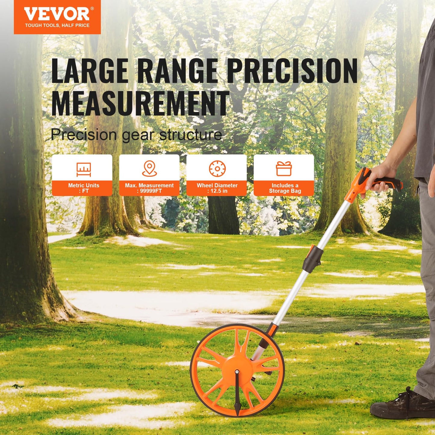 VEVOR Measuring Wheel in Feet, 12.5 in Wheel Diameter, 39.37-15.75 in Telescoping Measure Wheel, Measurement 0-9,999Ft with Back Bag, Suitable for Lawn/Hard/Soft/Wood Road Measuring