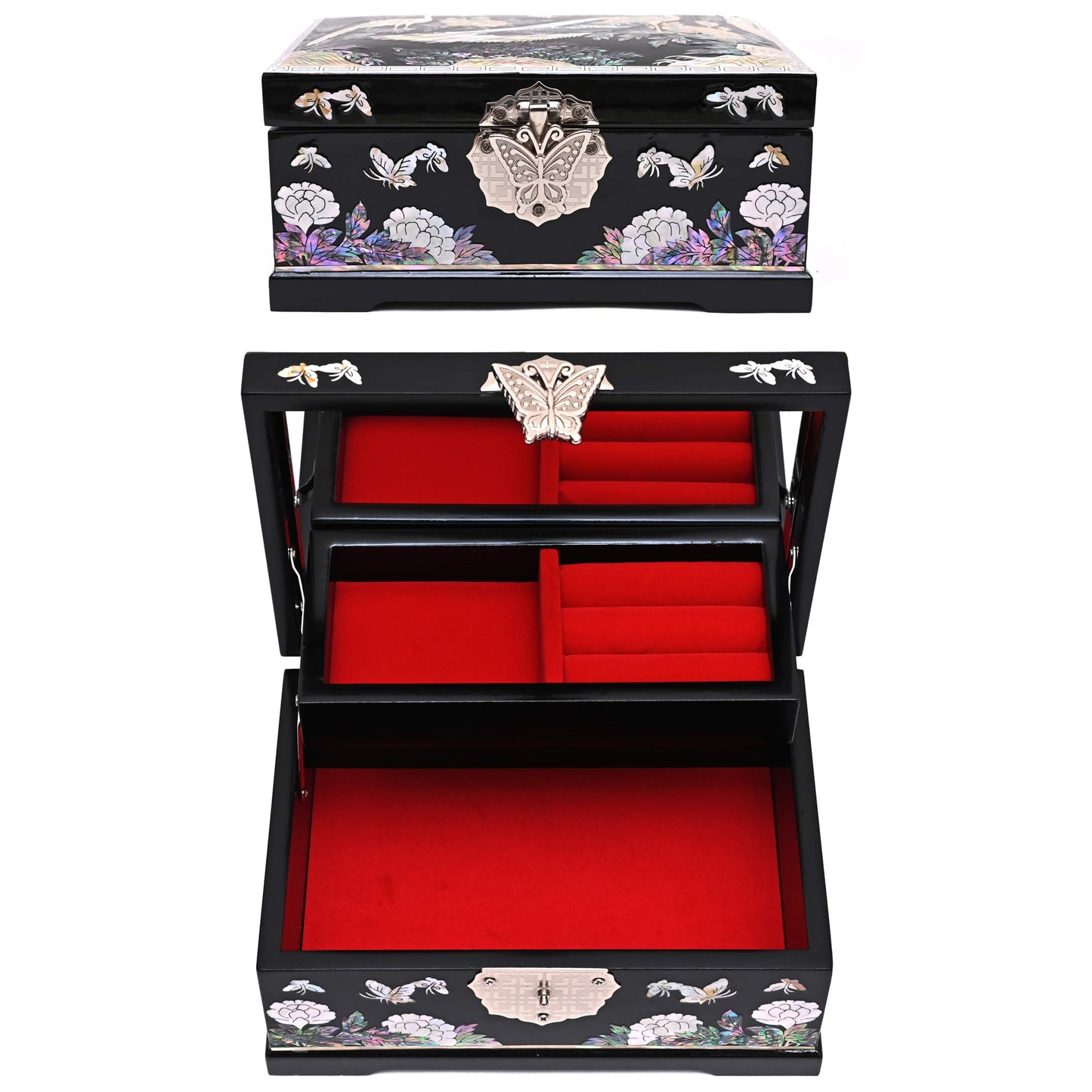 MADDesign Mother of Pearl Jewelry Box Ring Mirror Lid Two Level Peacock Black (Black)