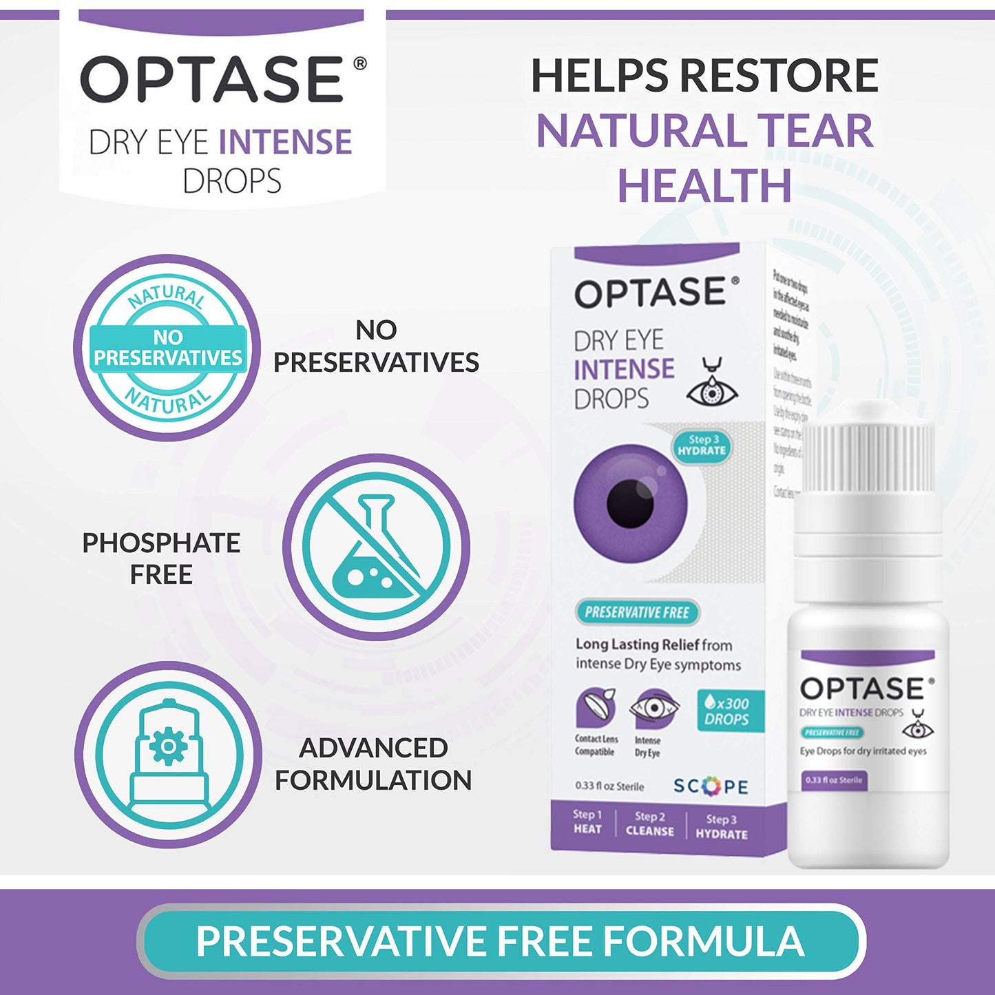 Optase Dry Eye Intense Drops - Preservative Free Eye Drops for Long Lasting Relief - Artificial Tears To Relieve Severe Dry Eye Symptoms - Multidose Bottle - Step 3 Hydrate - .33 fl oz, 300 Doses