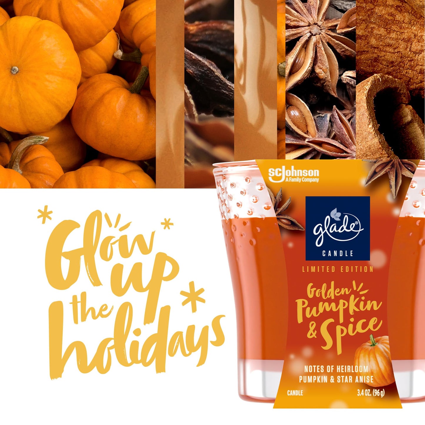 Glade Candle Jar, Air Freshener, Golden Pumpkin & Spice, 3.4 oz, 2 Count