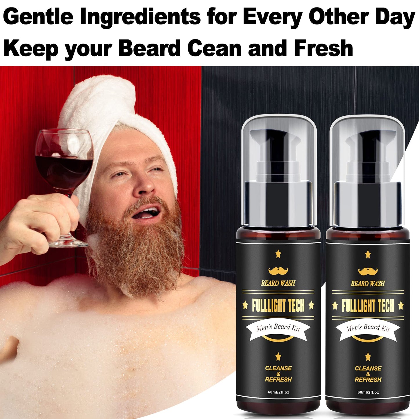 FULLLIGHT TECH 2 Pack Beard Wash/Beard Shampoo w/Argan Oil & Jojoba Oils,Rosemary Extract - Clean & Moisturizing & Nourishing for Mustache & Beard Maintenance Growth-Beard Kit for Men Gift