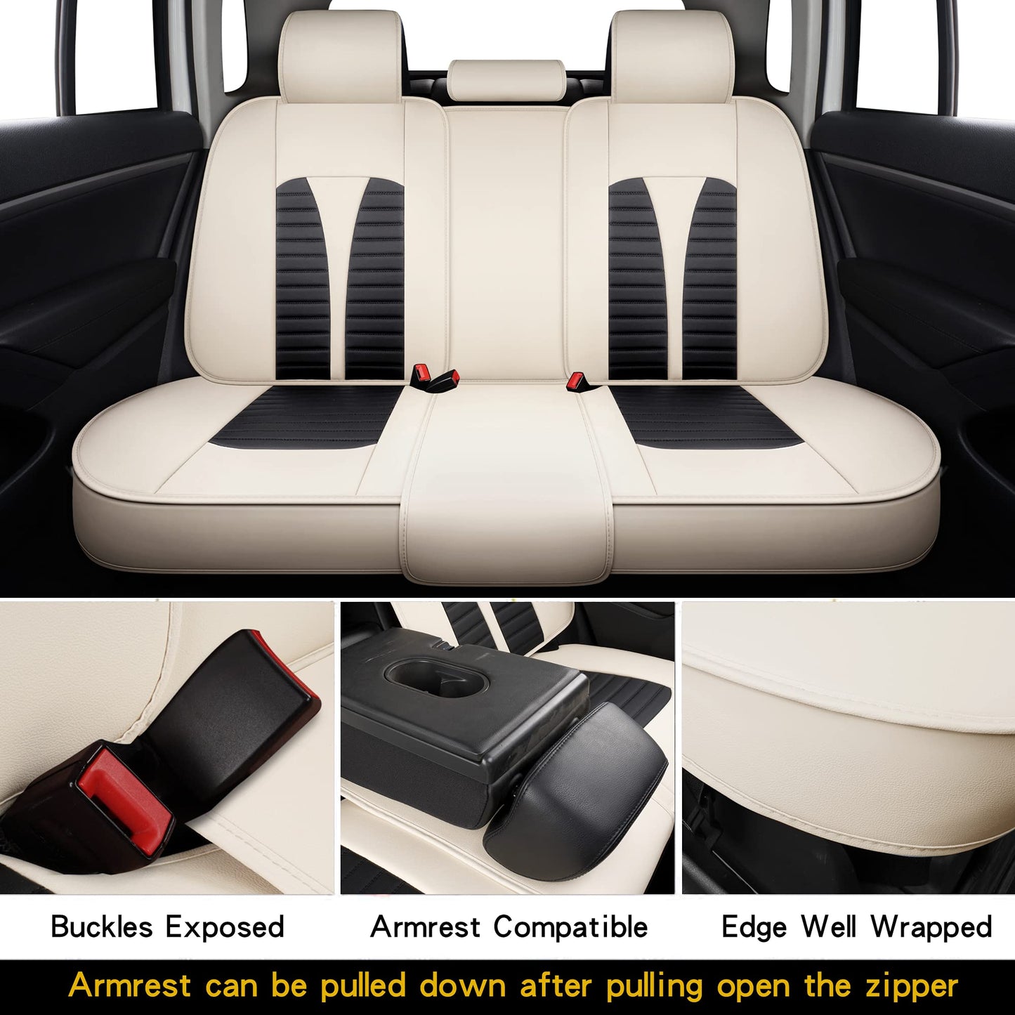 Isen-CoverAuto Full Coverage Faux Leather Car Seat Covers Automotive Vehicle Cushion Universal Fit for Cars SUVs Pick-up Truck, Auto Interior Accessories Seat Covers Full Set (Black & Cream)