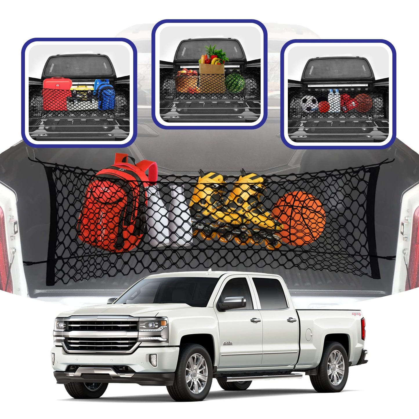 Envelope Style Trunk Mesh Cargo Net for Chevy Silverado Accessories 2013-2023 - Premium Trunk Organizers and Storage for Pickup Truck Bed