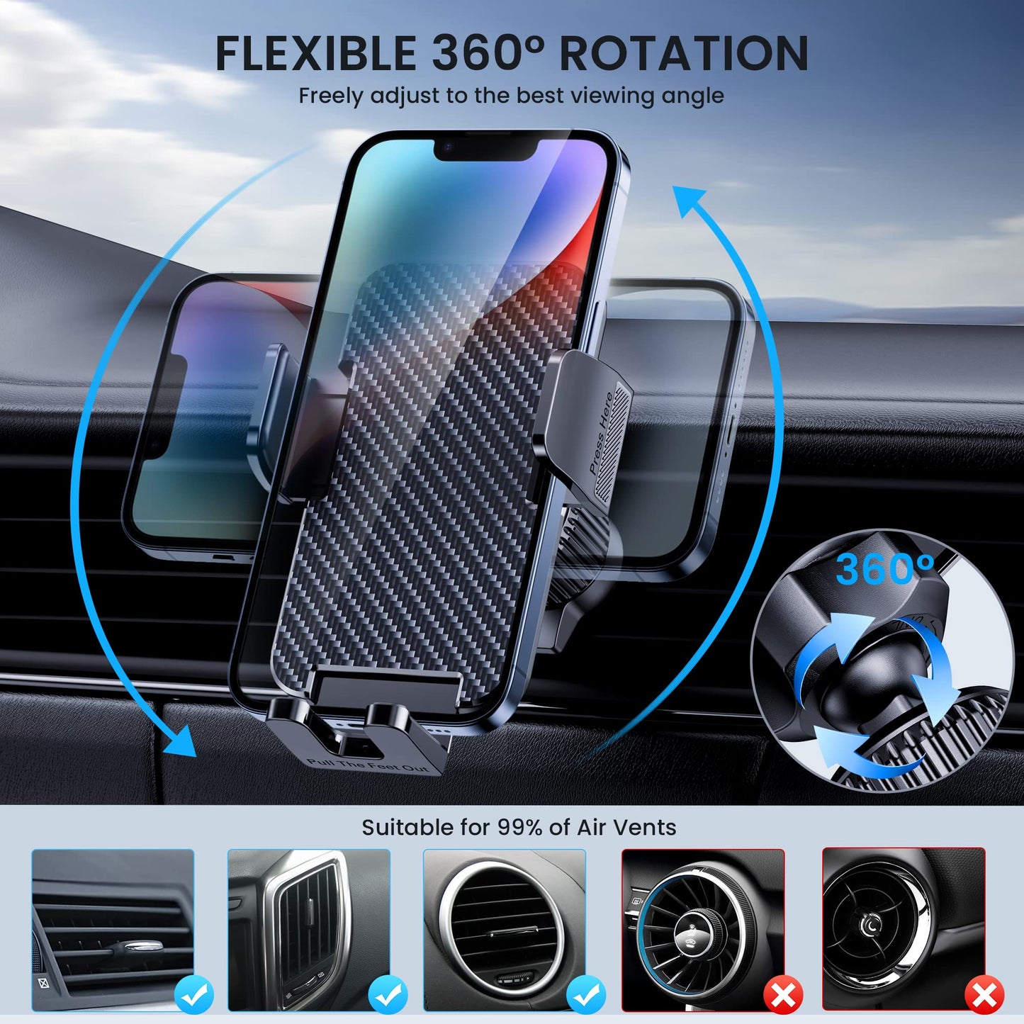 Phone Mount for Car Phone Holder [Thick Cases Friendly] Cell Phone Holder Hands Free Phone Stand for Car Vent Phone Mount Fit iPhone Android Smartphone Cell Phone Automobile Cradles Universal