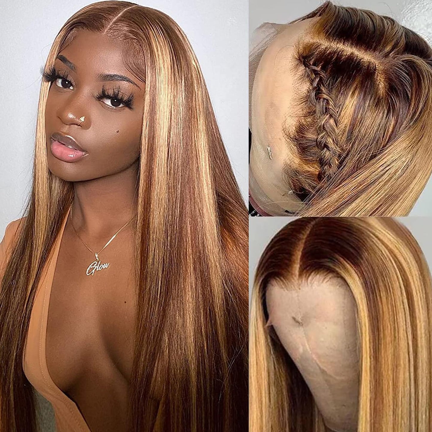 Highlight Ombre Lace Front Wigs Human Hair Pre Plucked 13x4 HD Straight Lace Front Wigs 4/27 Honey Blonde Lace Front Wig Human Hair 180% Density Glueless Wigs Human Hair Pre Plucked Wigs for Women