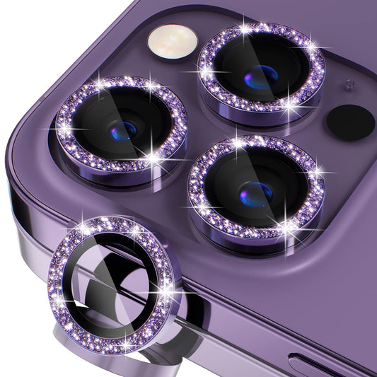 Misea [3+1] for iPhone 14 Pro/iPhone 14 Pro Max Camera Lens Protector Bling, 9H Tempered Glass Camera Cover Screen Protector Metal Individual Ring Protector Decoration Accessories, Purple Glitter