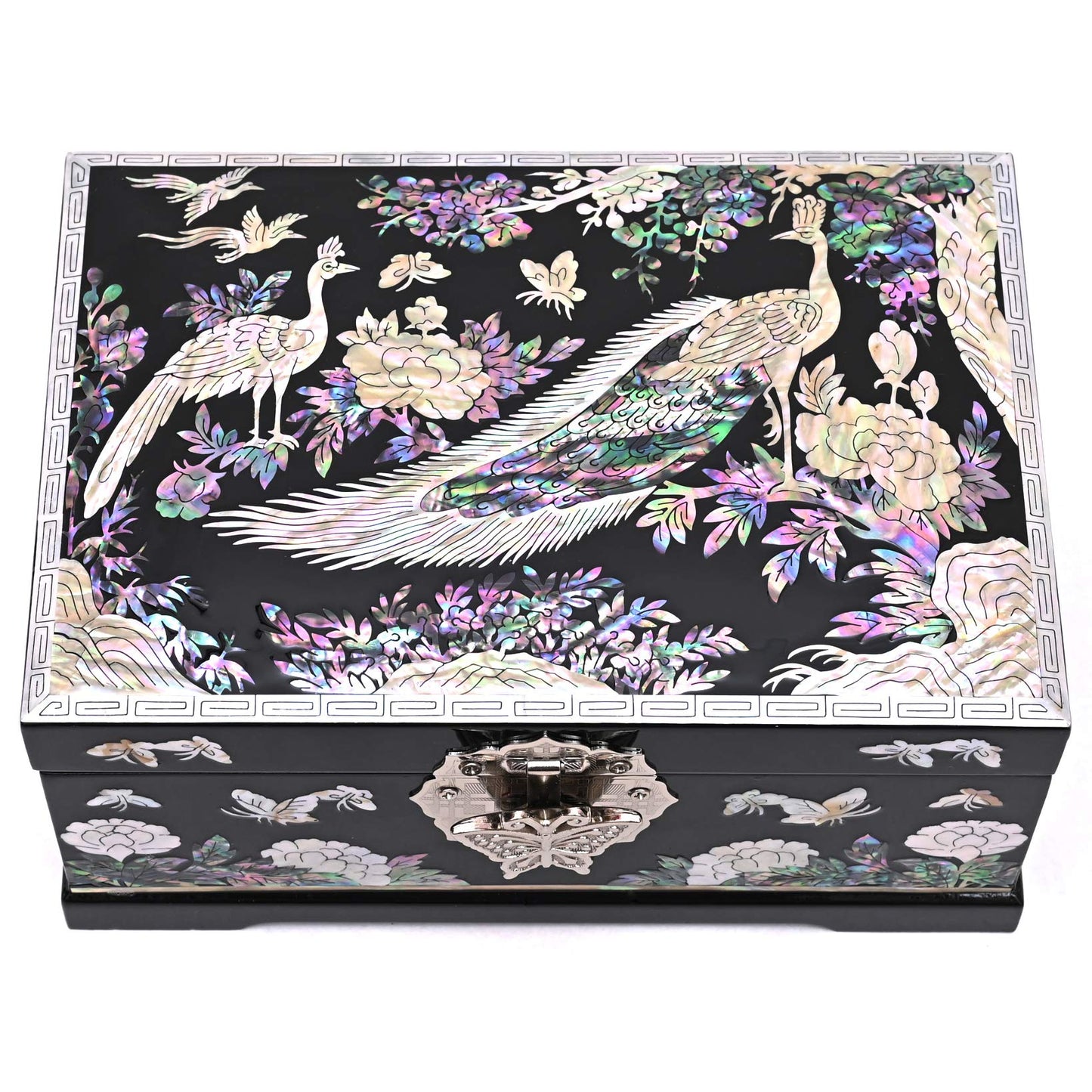 MADDesign Mother of Pearl Jewelry Box Ring Mirror Lid Two Level Peacock Black (Black)