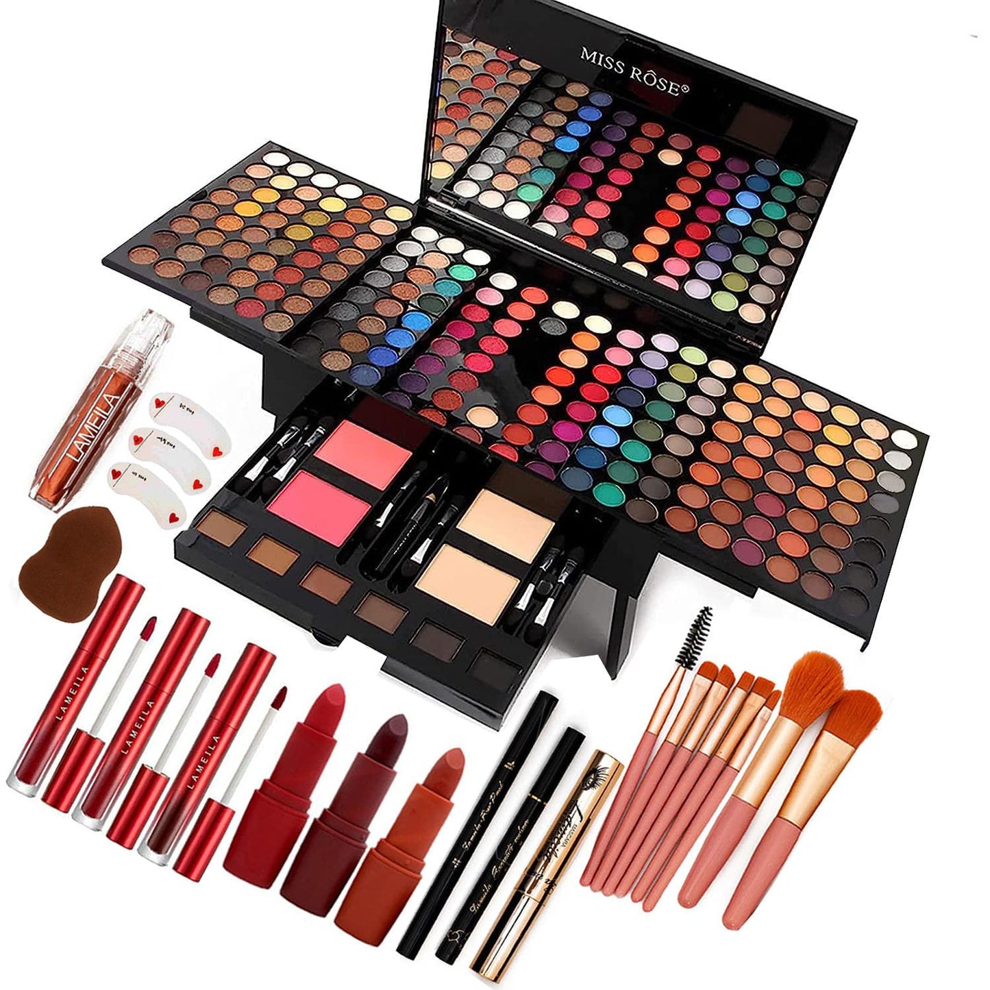 UNIFULL 190 Colors Makeup Pallet,Professional Makeup Kit for Women Full Kit,All in One Makeup Sets for Women&Beginner,include Eyeshadow,Lipstick,Compact Powder,Eyeliner,Glitter Powder,Concealer,makeup brush（004-Black）