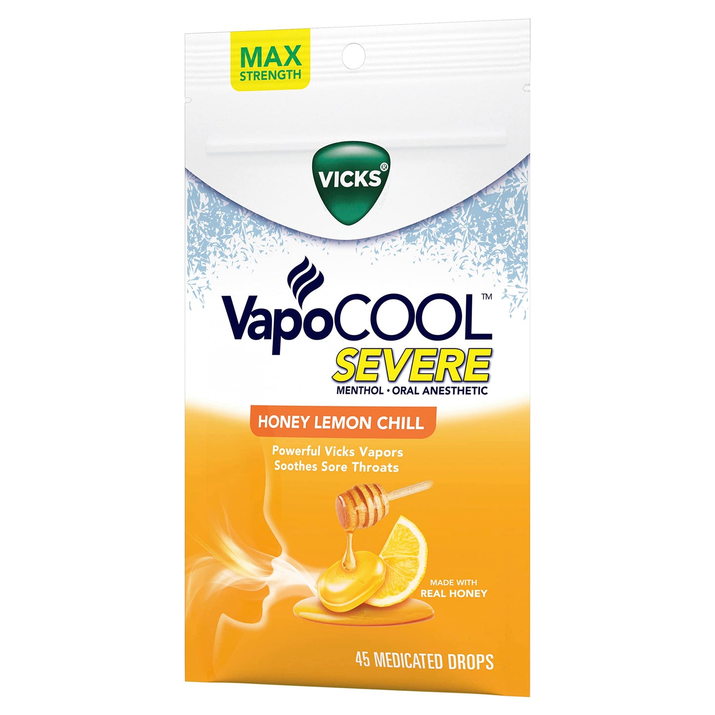 Vicks VapoCOOL SEVERE Medicated Sore Throat Drops, Fast-Acting Max Strength Relief, Soothes Sore Throat Caused by Cough, Powerful Vicks Vapors, Menthol, Honey Lemon Chill Flavor, 225ct (5 45ct packs)