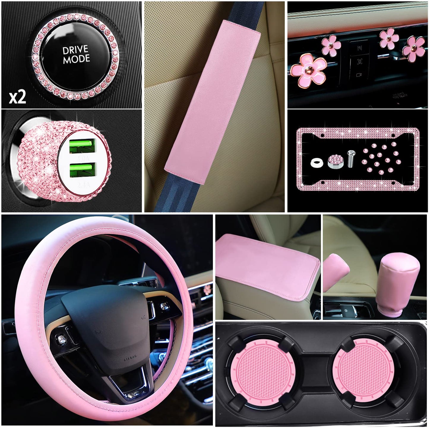 15 Pcs Car Accessories Set Leather Steering Wheel Cover Seatbelt Cover Center Console Pad Bling Car Ring Sticker USB Charger Flower Air Vent Clip