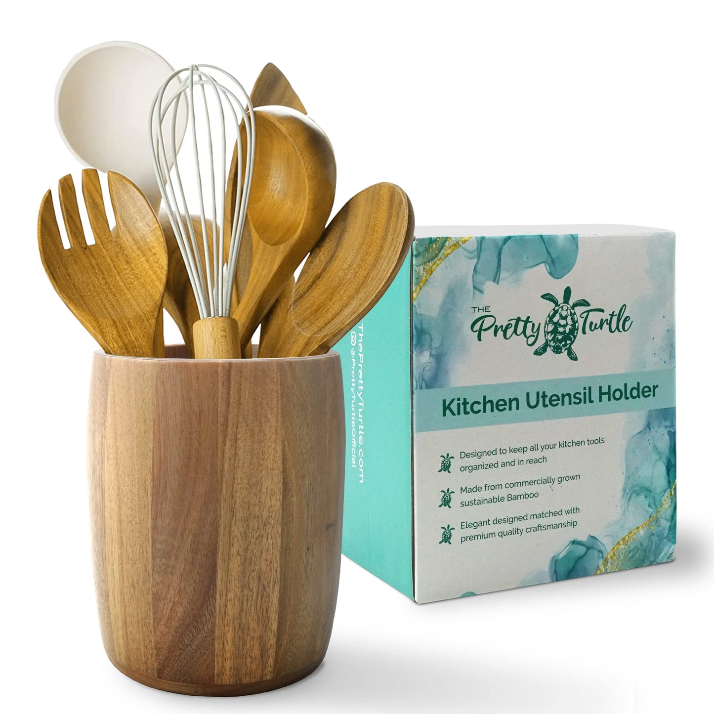 The Pretty Turtle Bamboo Kitchen Counter Utensil Crock Holder Caddy 7" x 5 1/2" (Large Oval Acacia)