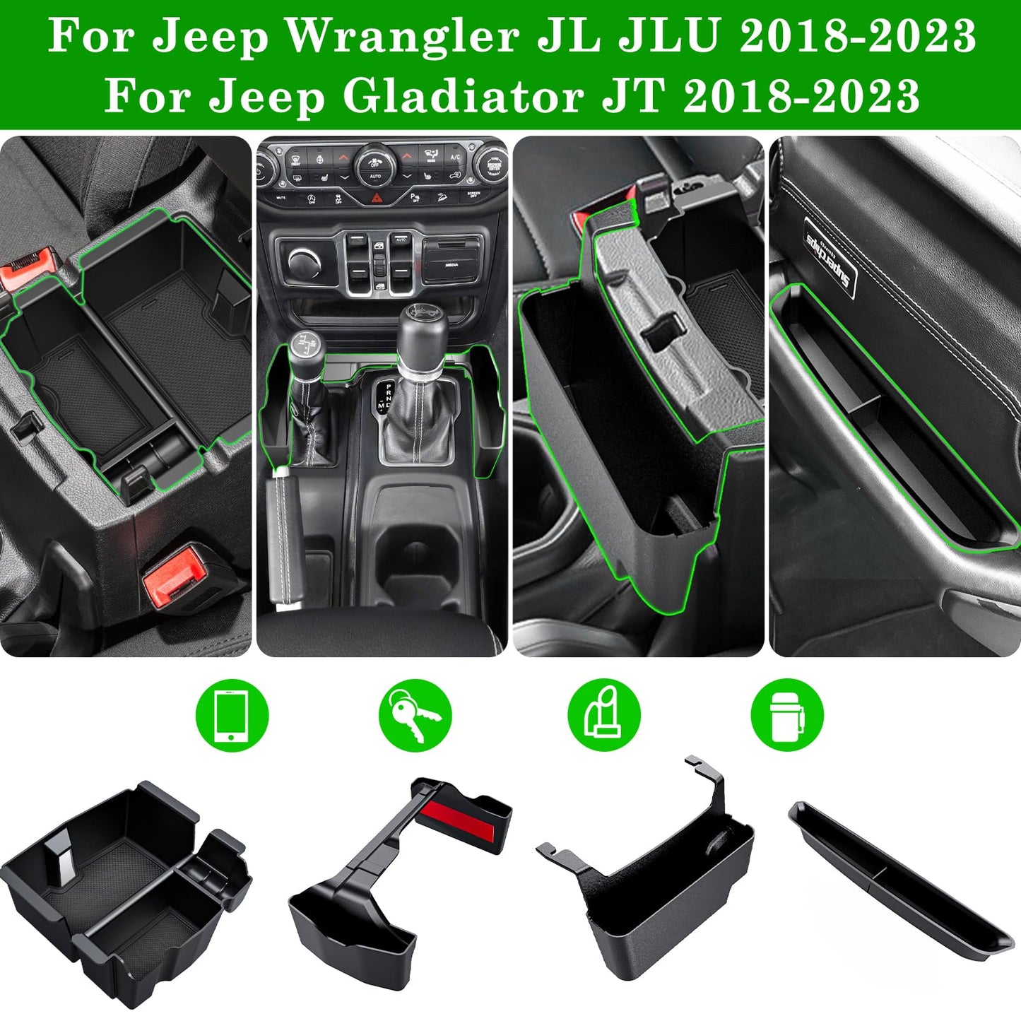 Eamplest 4PCS Center Console Organizer for 2018-2022 2023 Jeep Wrangler JL JLU and Gladiator JT Accessories Gear Shift Side Tray Organizer,Hanging Armrest Storage Box (Not for JK/JKU)