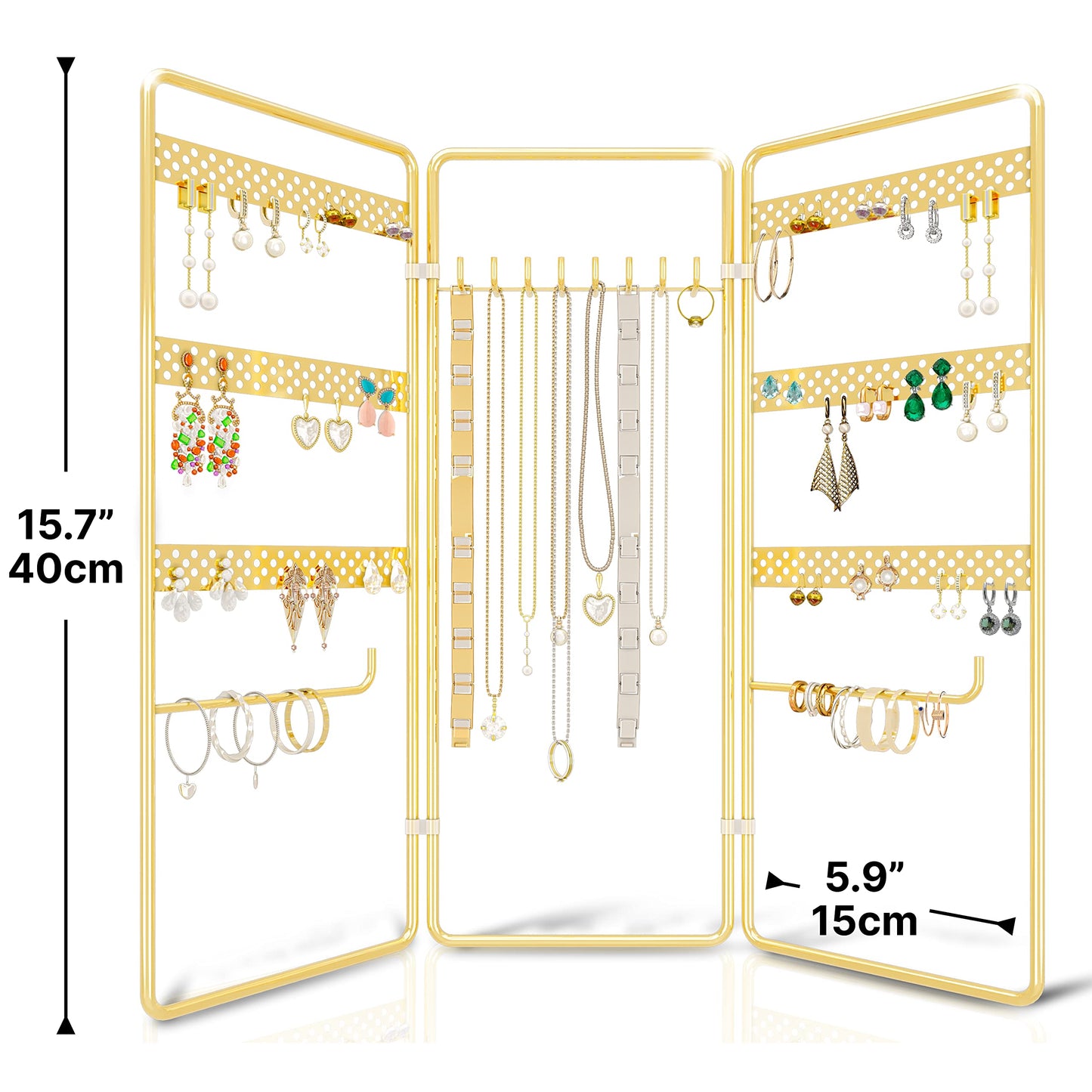 BENOLDY 4 Tier Gold Metal Rustproof Hanging Jewelry Organizer with 3 Foldable Frames - Adjustable Tabletop Free Standing Stand for Necklaces, Earrings, Bracelets, and Watches Display