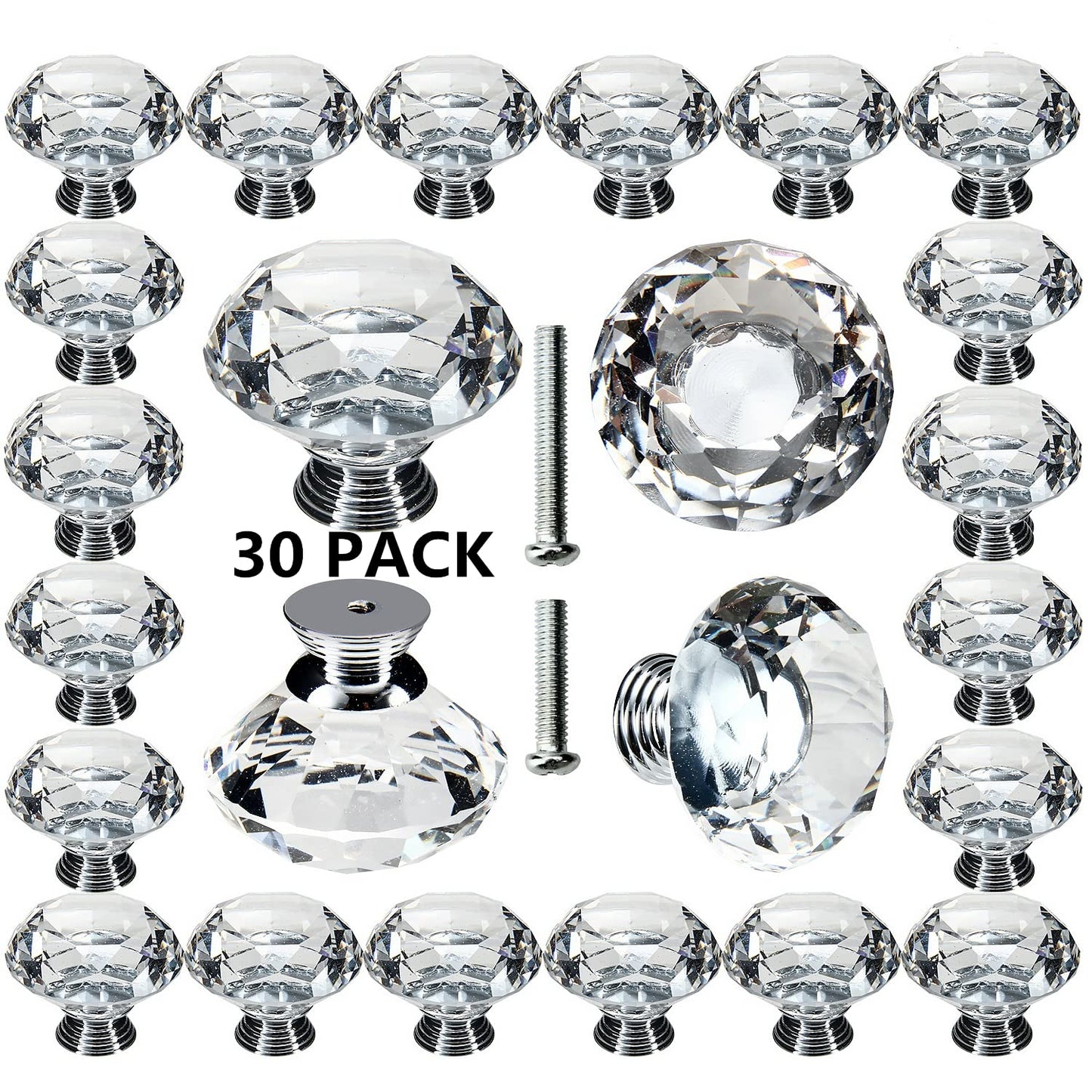 POZEAN 30 Pack Cabinet Knobs, 1.57inch 40mm Crystal Knobs for Dresser, Drawer, Cabinet with Two Different Sizes Screws, Perfect Decor for Your Home, Living-Room, Kitchen, Bathroom, Office and More