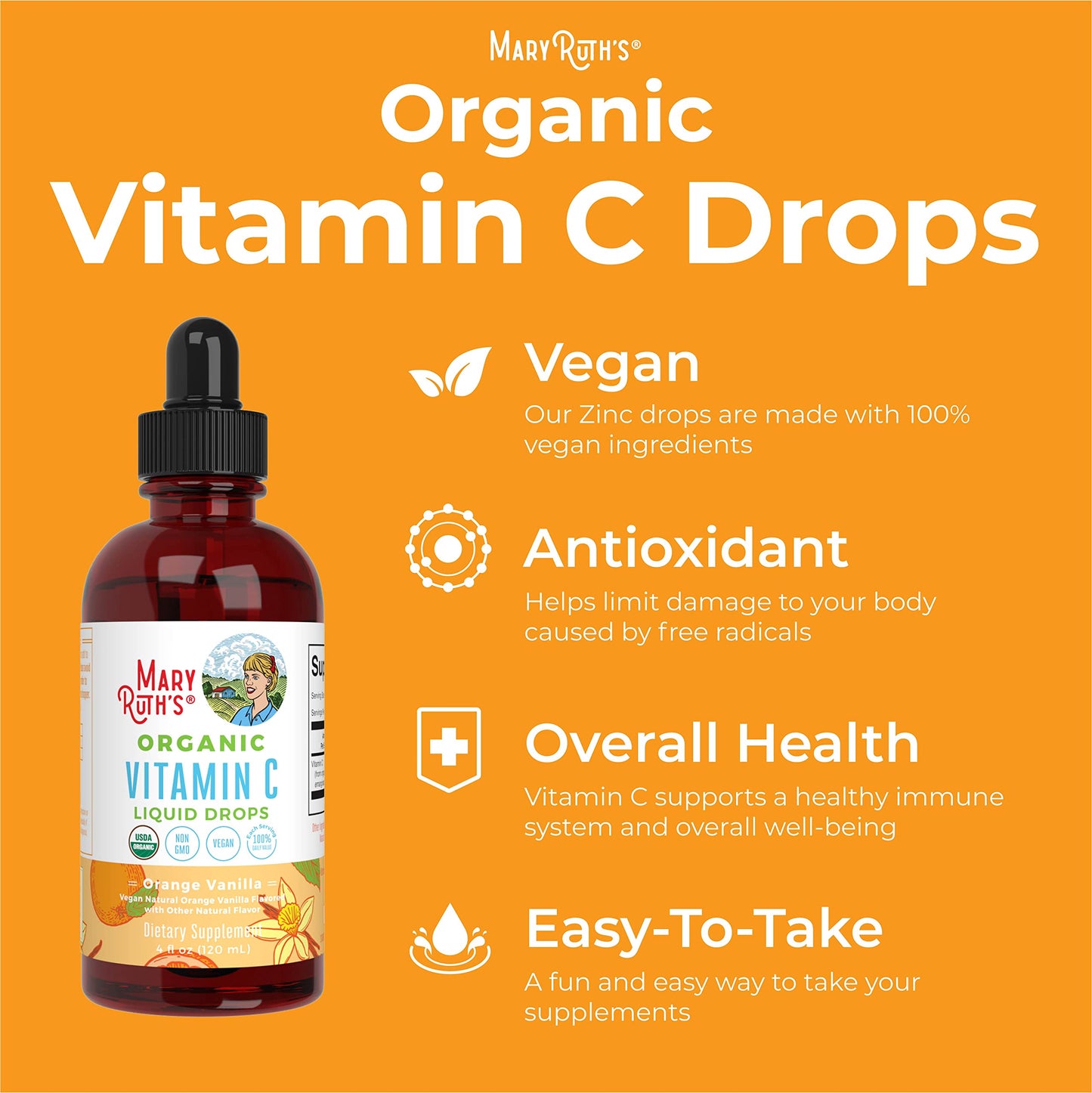 MaryRuth's Vitamin C Drops | USDA Organic Vitamin C Liquid Drops for Adults | Men & Women | Vitamin for Immune Support & Overall Health | Vegan | Non-GMO | Gluten Free | 30 Servings