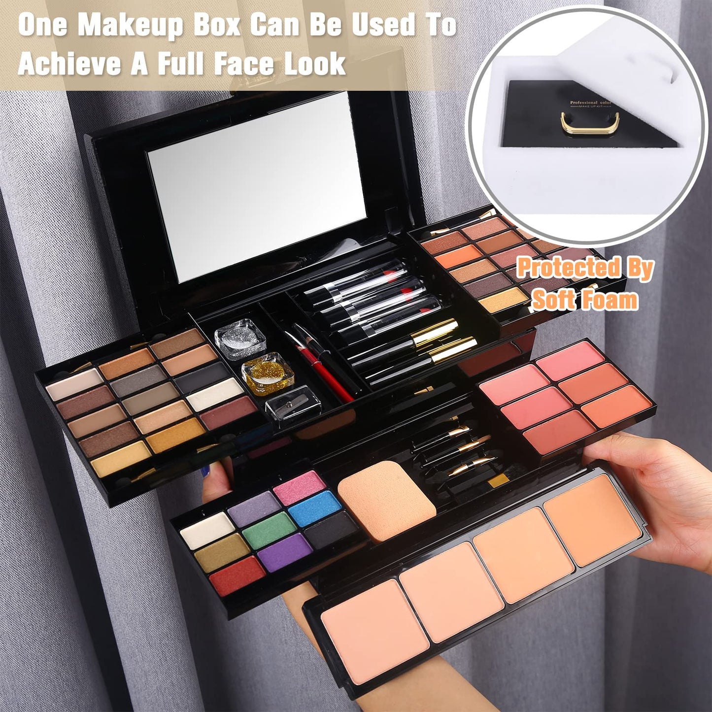 Professional Makeup Kit for Women Full Kit with Mirror 58 Colors All in One Make up Gift Set Combination with Eyeshadow, Compact Powder, Blusher, Lipstick, Lip Liner, Eyebrow Pencil, Glitter Powder, Eyeliner, Mascara, Cosmetic Case for Girls (100-N)