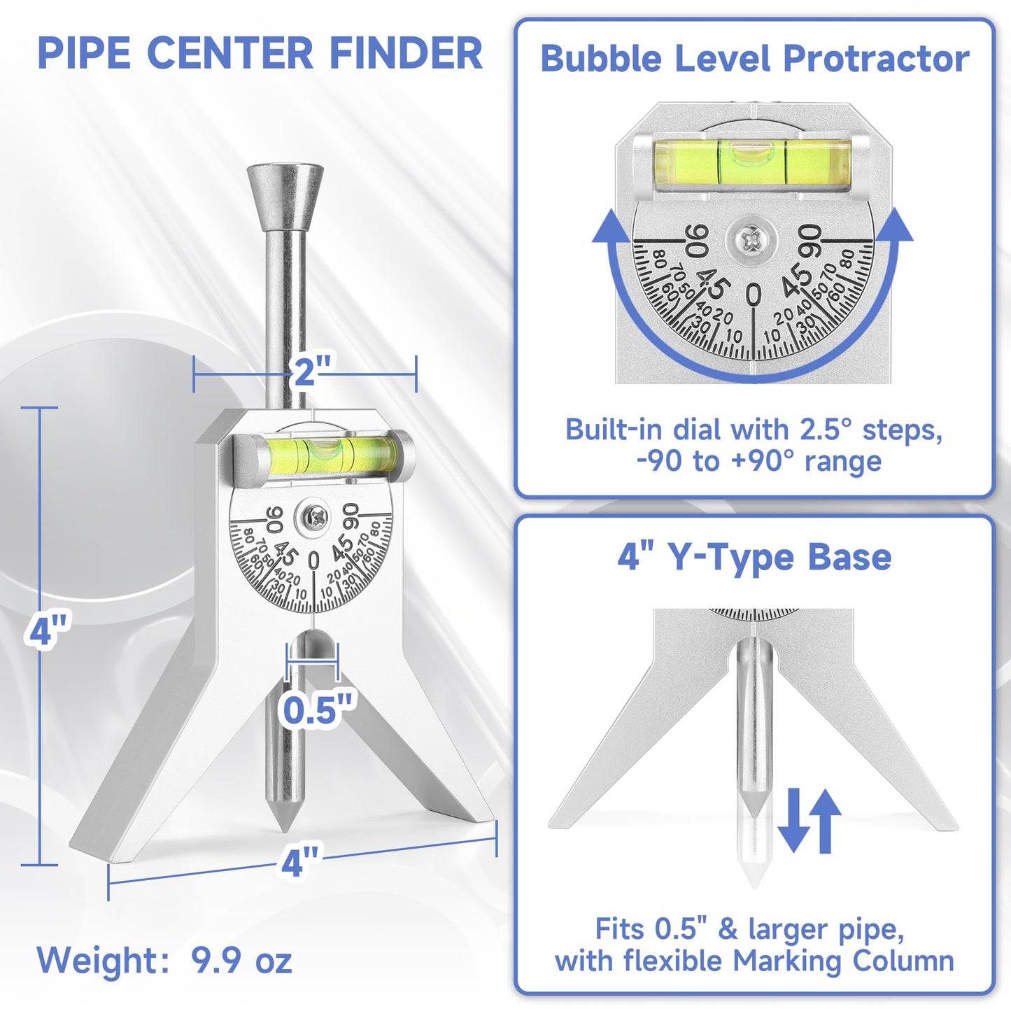 SIOKUY Premium Pipe Center Finder - Essential Center Finder Tool for Pipefitters - Measures 0.5" & Up, with 4" Y-Type Base & Dial Bubble.