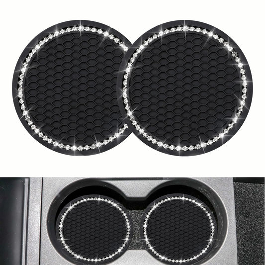 2PCS Bling Car Cup Coaster, Universal Vehicle Cup Holder Insert Coaster, 2.75 inch Rhinestone Anti Slip Silicone Car Accessories, Suitable for Most Car Interior, Gift for Women