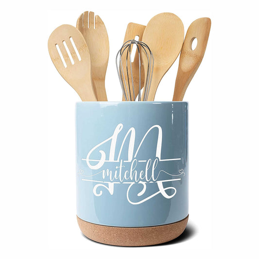 MRC Wood Products Personalized Ceramic Kitchen Utensil Holder - Engraved with Your Monogram and Family Name (utensils not included) (Sky Blue)