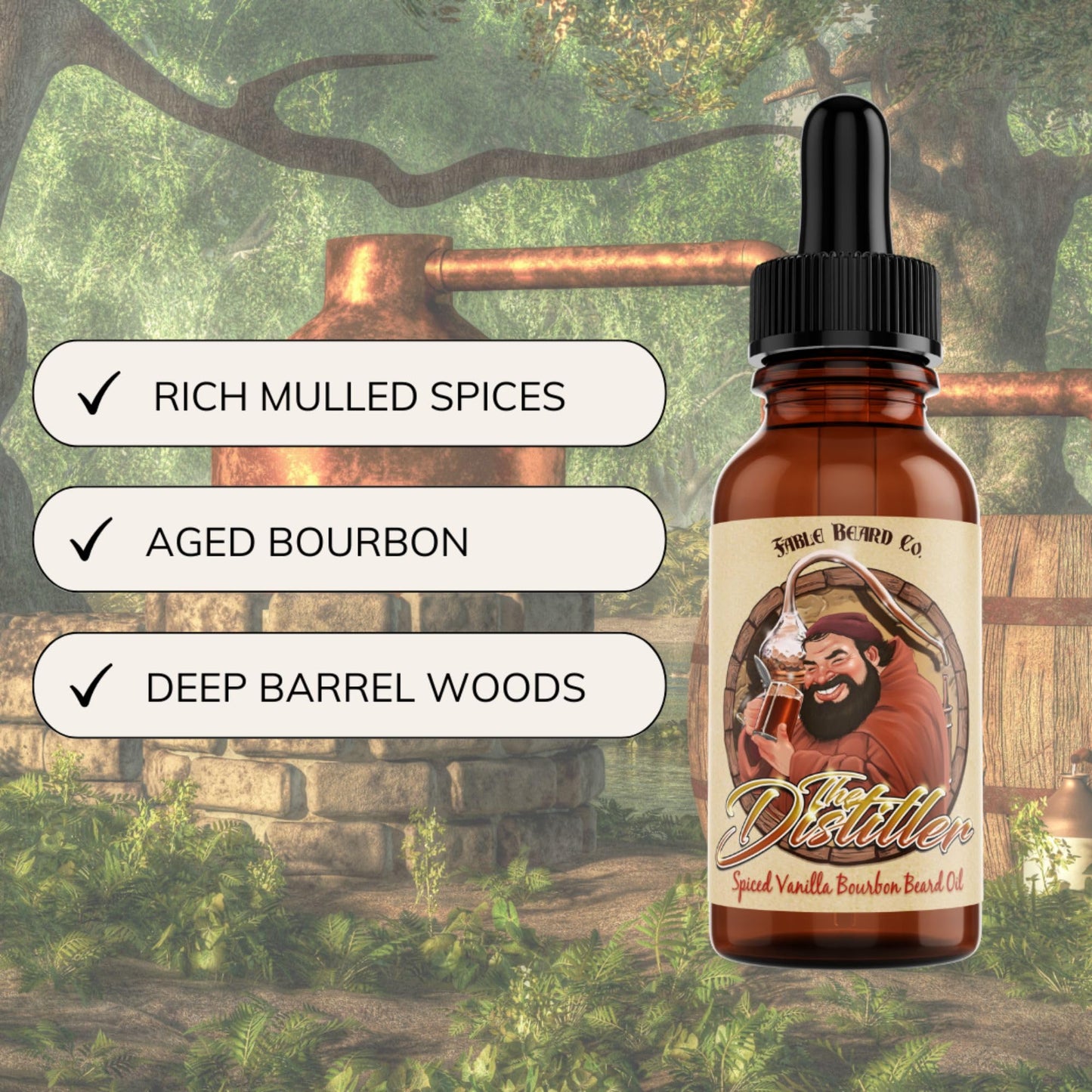 Fable Beard Co. Beard Oil - The Distiller, Spiced Vanilla Bourbon Scented, Natural Beard Oil for Men with Jojoba & Argan Oils, Vitamin E, Beard Hair Softener, Made in USA (1 Fl Oz)