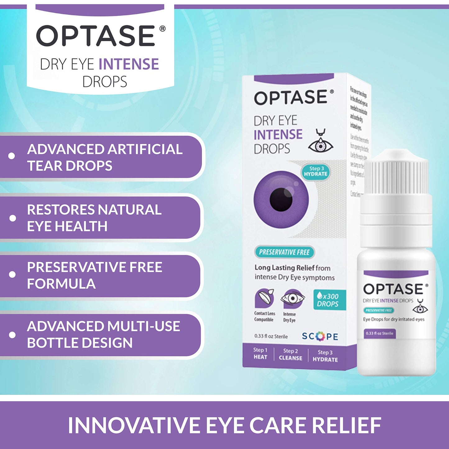 Optase Dry Eye Intense Drops - Preservative Free Eye Drops for Long Lasting Relief - Artificial Tears To Relieve Severe Dry Eye Symptoms - Multidose Bottle - Step 3 Hydrate - .33 fl oz, 300 Doses