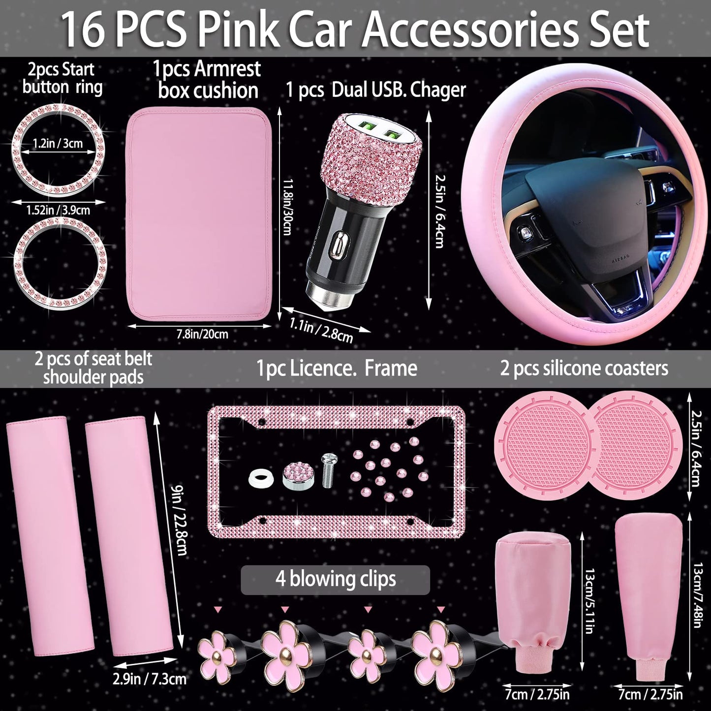 15 Pcs Car Accessories Set Leather Steering Wheel Cover Seatbelt Cover Center Console Pad Bling Car Ring Sticker USB Charger Flower Air Vent Clip