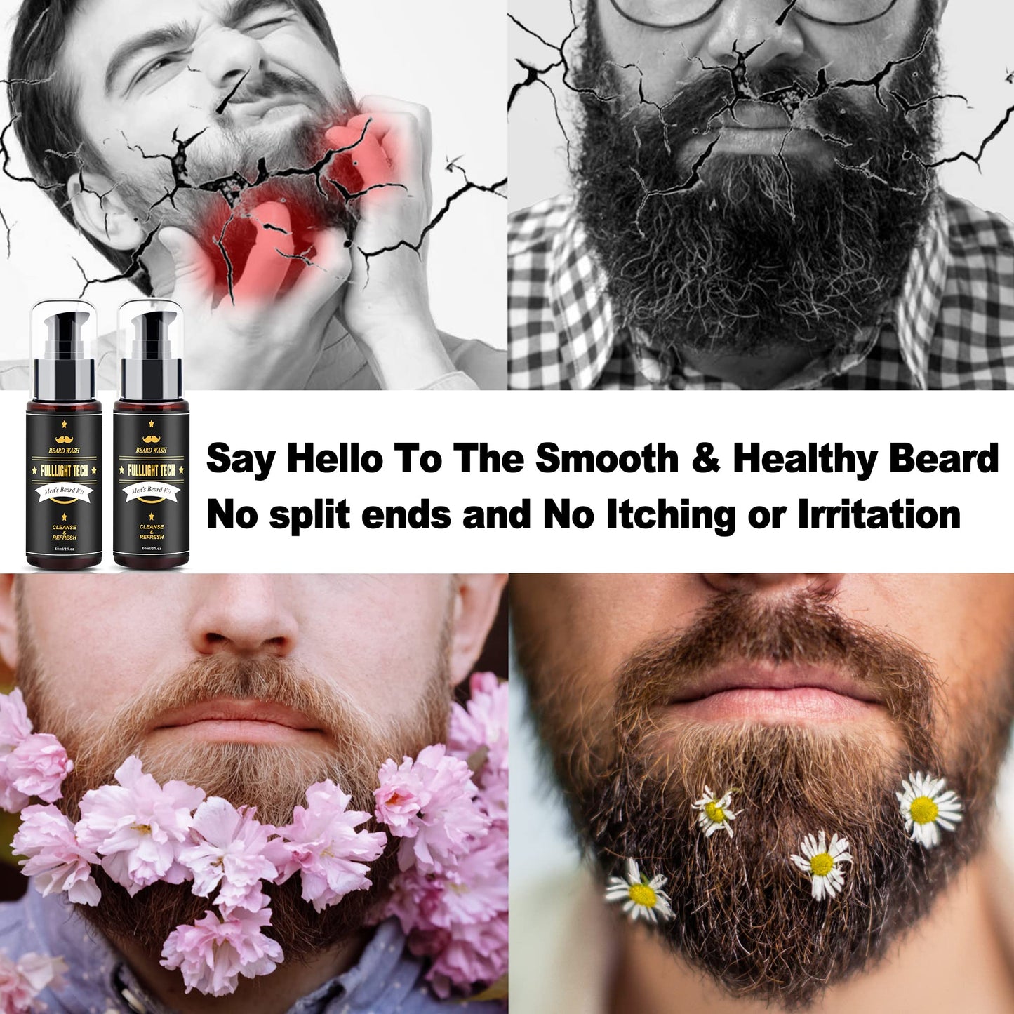 FULLLIGHT TECH 2 Pack Beard Wash/Beard Shampoo w/Argan Oil & Jojoba Oils,Rosemary Extract - Clean & Moisturizing & Nourishing for Mustache & Beard Maintenance Growth-Beard Kit for Men Gift