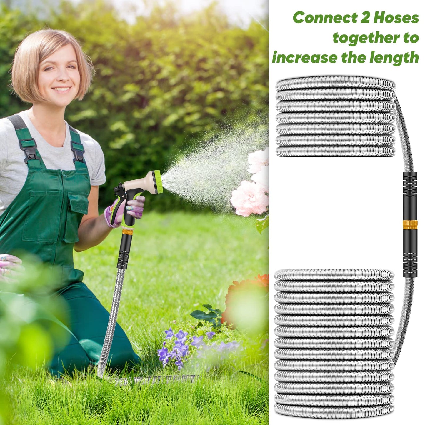 Unywarse Metal Garden Hose 50ft, Heavy Duty Stainless Steel with 10 Function Nozzle Flexible, Lightweight, Kink Free & Tangle Free, Pet Proof, Puncture Proof for Yard, Outdoor