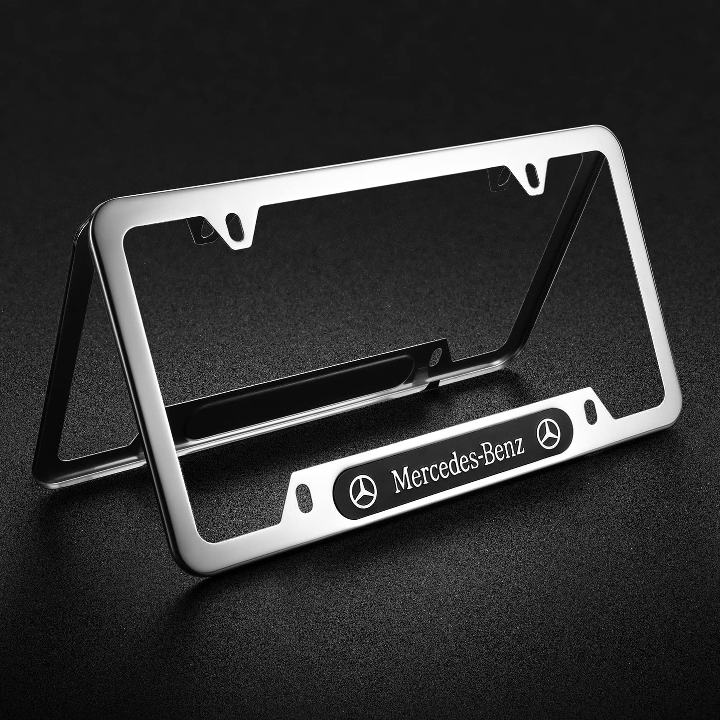 DEWEST 2PCS Stainless Steel License Plate Frames for Mercedes Benz, Silver License Plate Holder Bracket, Aluminum Alloy Weather Proof License Plate Covers with Screw Caps Cover Set Car Accessories