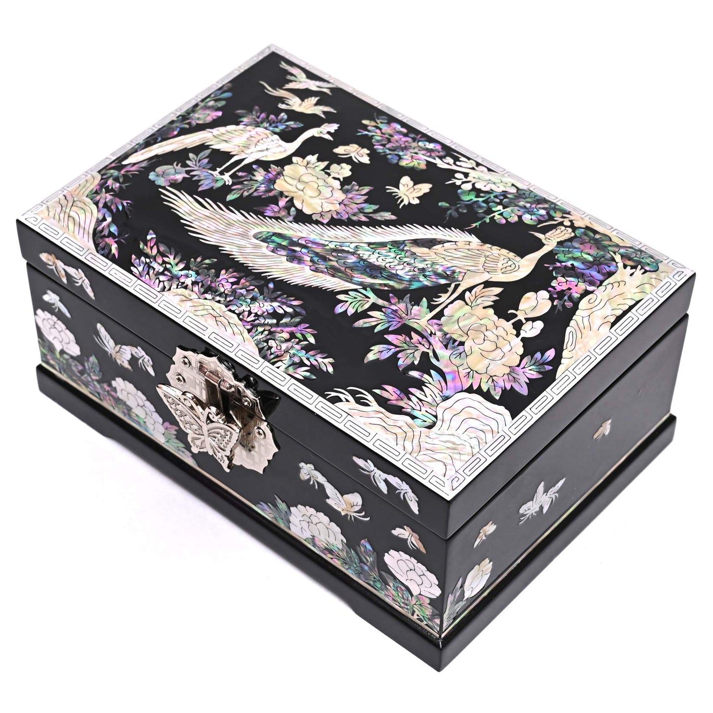 MADDesign Mother of Pearl Jewelry Box Ring Mirror Lid Two Level Peacock Black (Black)