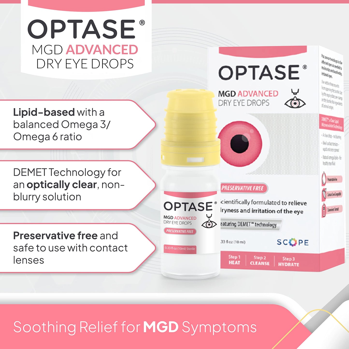 OPTASE MGD Advanced Dry Eye Drops - Preservative Free Eye Drops for Dry Eyes and MGD - Lipid-Based Artificial Tears - DEMET Technology, Multidose Bottle, Contact Lens Safe - .33 fl oz, 300 Doses