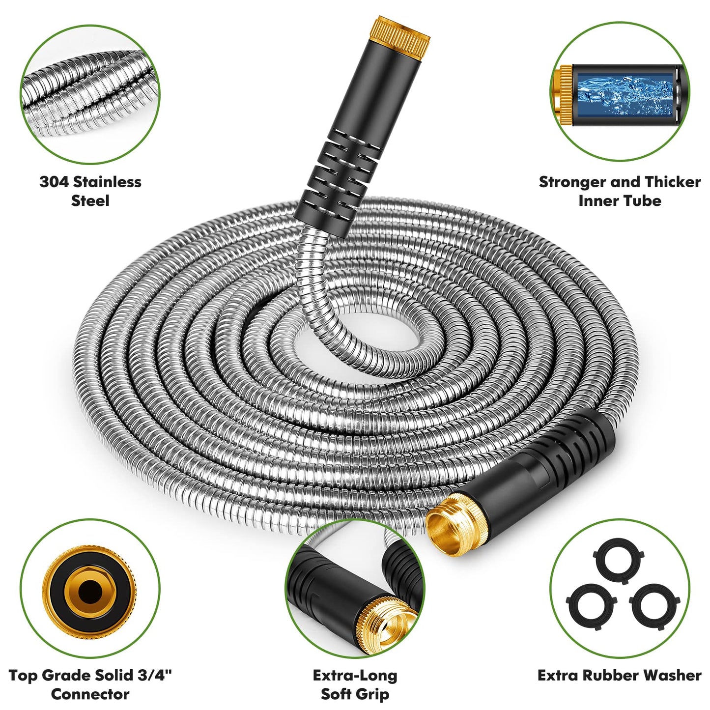 Unywarse Metal Garden Hose 50ft, Heavy Duty Stainless Steel with 10 Function Nozzle Flexible, Lightweight, Kink Free & Tangle Free, Pet Proof, Puncture Proof for Yard, Outdoor