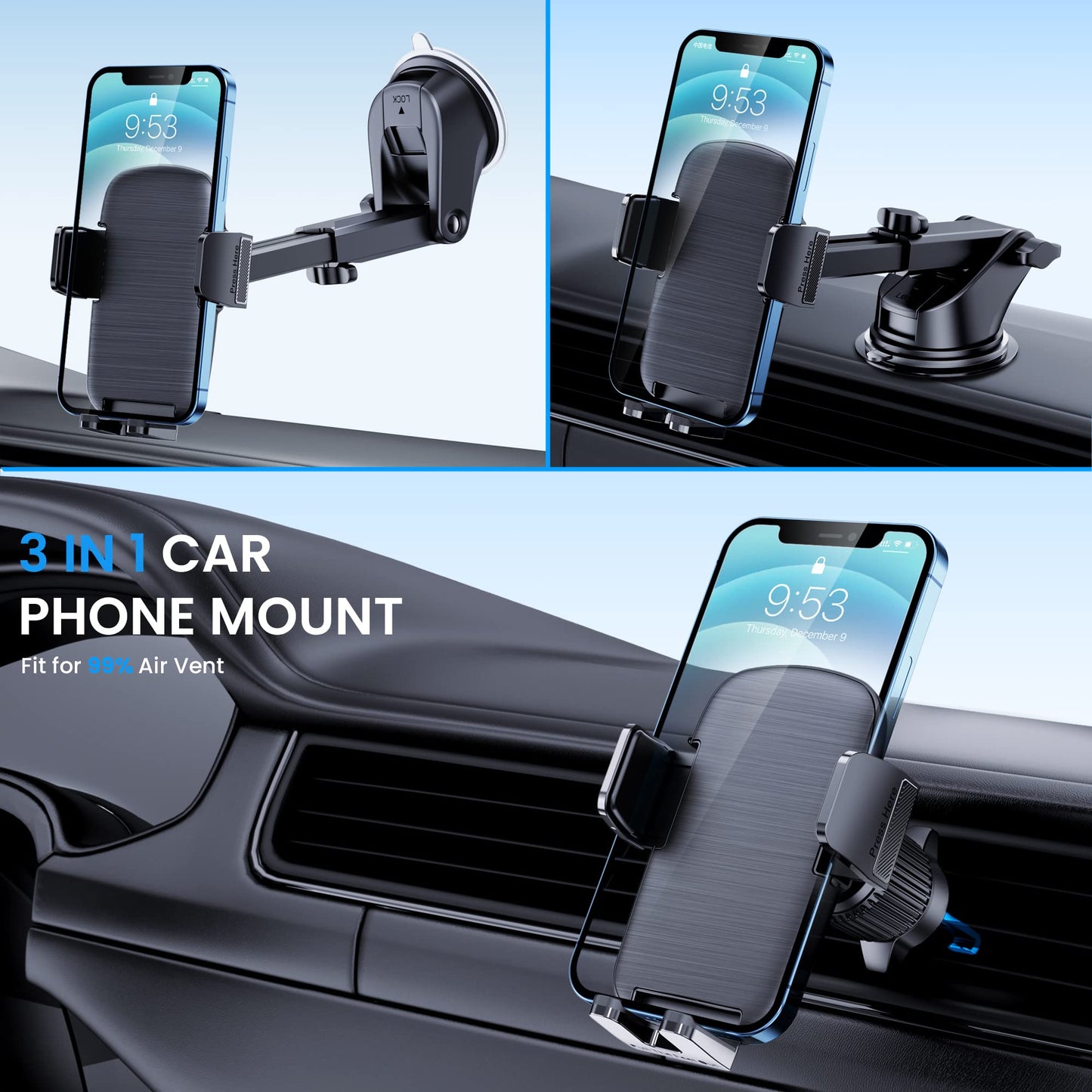 Phone Mount for Car Phone Holder [Military-Grade Suction & Stable Clip]Car Phone Holder Mount Windshield Dashboard Air Vent Universal Cell Phone Automobile Mount Fit For All iPhone Android Smartphones