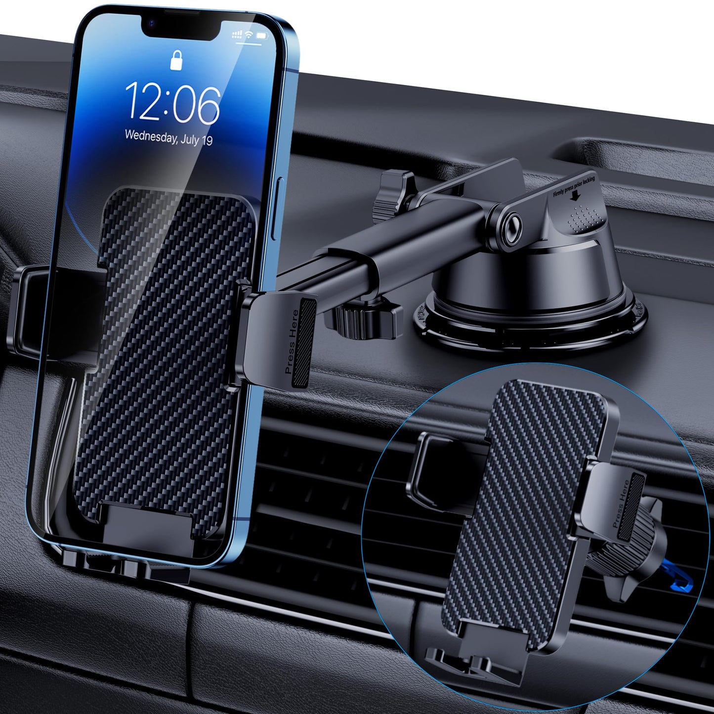 Phone Holder Car [Military Grade Suction Ultra Strong Base] Cell Phone Car Holder 3 in 1 Phone Mount for Car Dashboard Windshield Air Vent Hands-Free Car Phone Holders for iPhone Android Phones