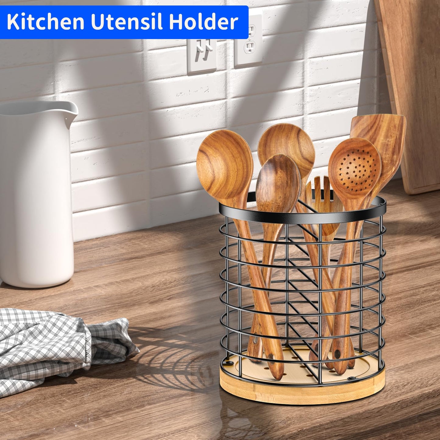 Toosci Kitchen Utensil Holder - Stainless Steel and Bamboo Utensil Holder, Utensil Holder for Kitchen Counter, Large