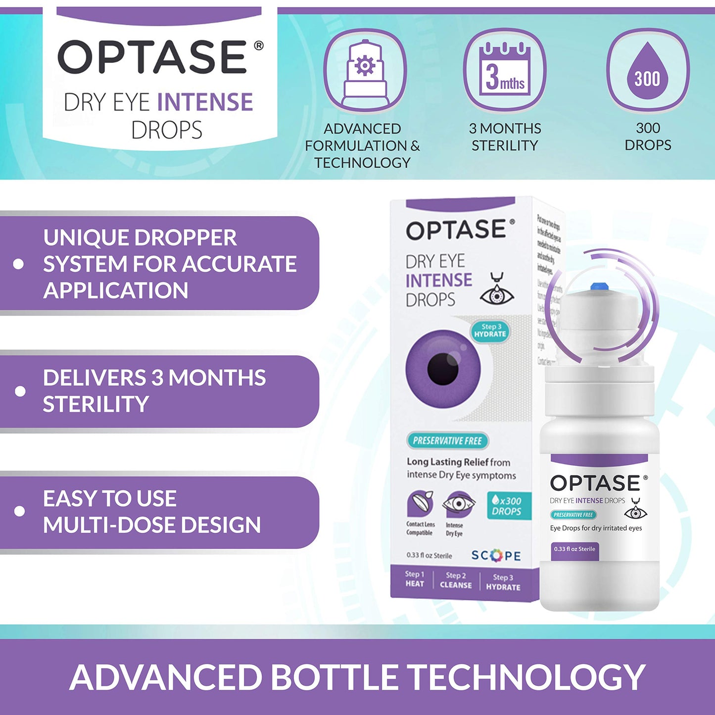 Optase Dry Eye Intense Drops - Preservative Free Eye Drops for Long Lasting Relief - Artificial Tears To Relieve Severe Dry Eye Symptoms - Multidose Bottle - Step 3 Hydrate - .33 fl oz, 300 Doses