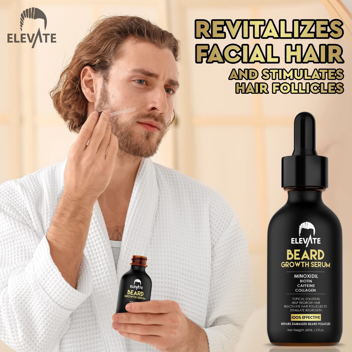 Elevate Beard Growth Oil 5% Minoxidil Hair Growth Serum with Biotin & Caffeine – Grow a Stronger Thicker Fuller Beard Faster – Natural Facial Hair Treatment for Grooming Thickening and Volume 1 Fl Oz