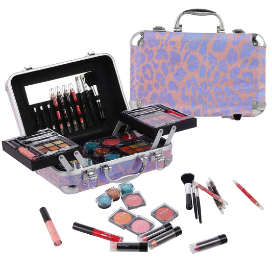 Hot Sugar All In One Makeup Set for Adults and Girls-Full Makeup Kit for Beginners Includes Eye Shadow Palette Blush Lip Gloss Lipstick Lip Pencil Eye Pencil Brush Mirror (Pink Leopard)