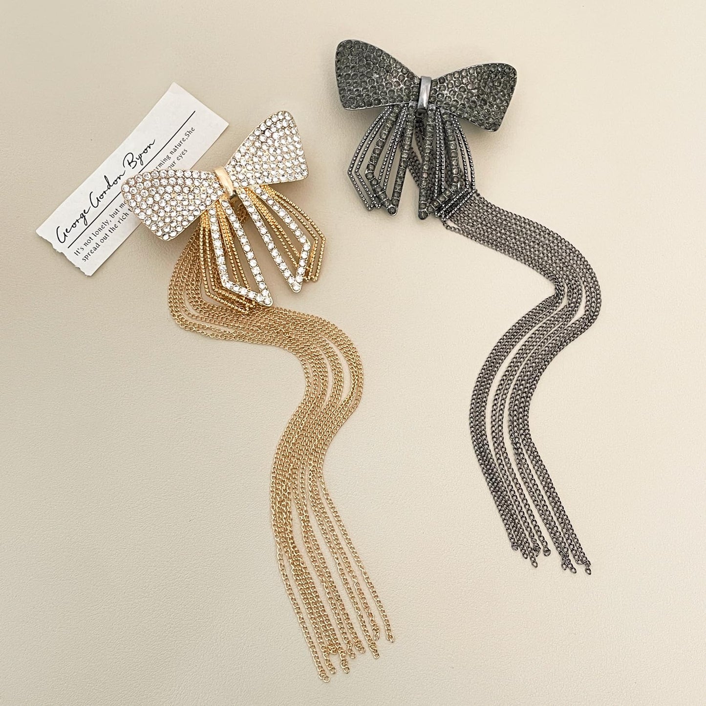 FRDTLUTHW Hair Bows for Women & Girls, Pack of 2 - Gold & Silver Metal Barrettes with Rhinestone/Tassels