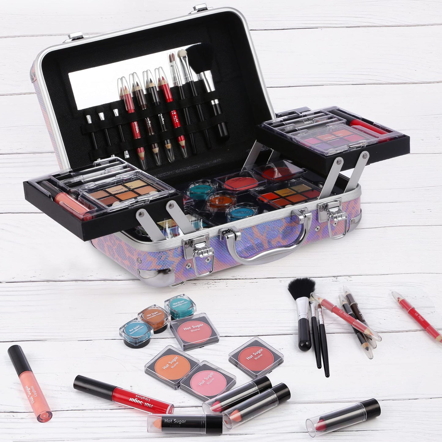 Hot Sugar All In One Makeup Set for Adults and Girls-Full Makeup Kit for Beginners Includes Eye Shadow Palette Blush Lip Gloss Lipstick Lip Pencil Eye Pencil Brush Mirror (Pink Leopard)