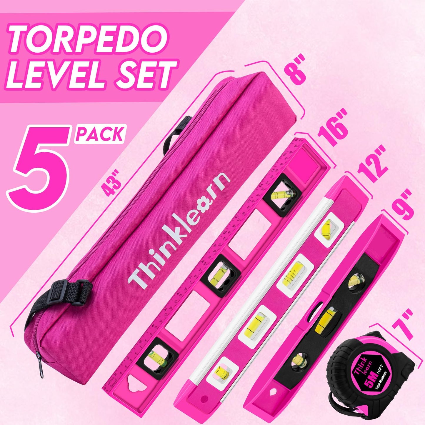 ThinkLearn 5pcs Torpedo Level, 9", 12", 16" Pink Magnetic Level Set with Carrying Bag, Tape Measure, 45°/90°/180° Bubbles Measuring Leveler Tool, Spirit Level for Women