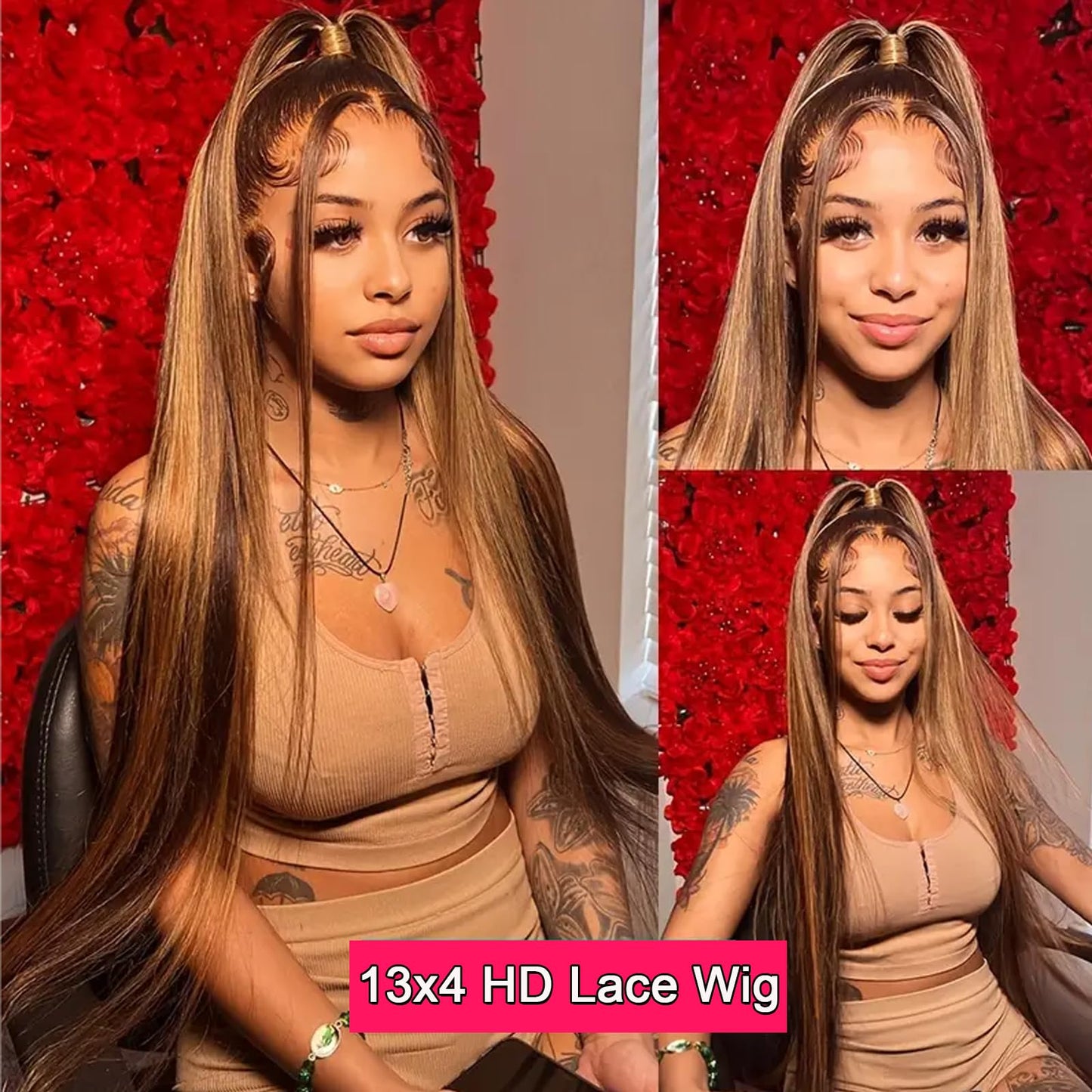 Highlight Ombre Lace Front Wigs Human Hair Pre Plucked 13x4 HD Straight Lace Front Wigs 4/27 Honey Blonde Lace Front Wig Human Hair 180% Density Glueless Wigs Human Hair Pre Plucked Wigs for Women