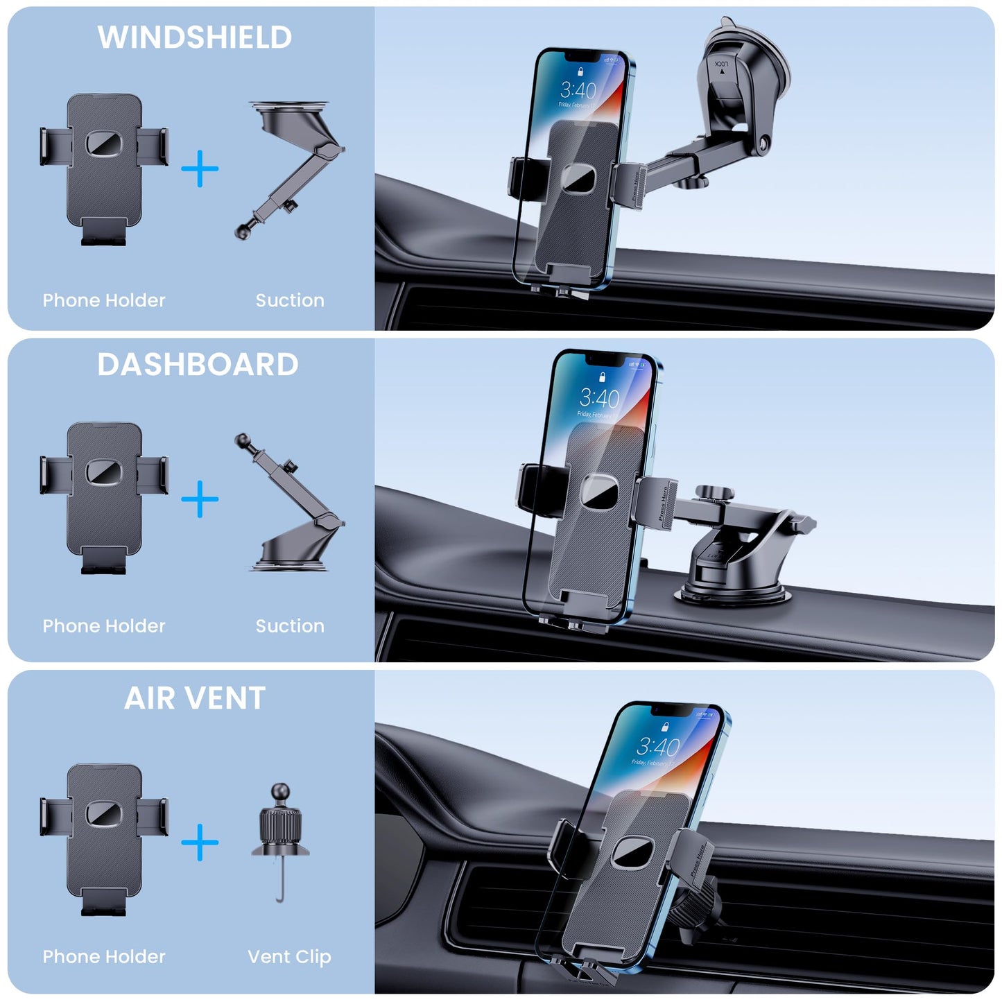 Phone Holder Car Mount for iPhone [Powerful Suction]Phone Mount for Car Dashboard Windshield Air Vent Universal Accessories [Thick Cases Friendly]Automobile Cell Phone Holder Fit for iPhone Smartphone