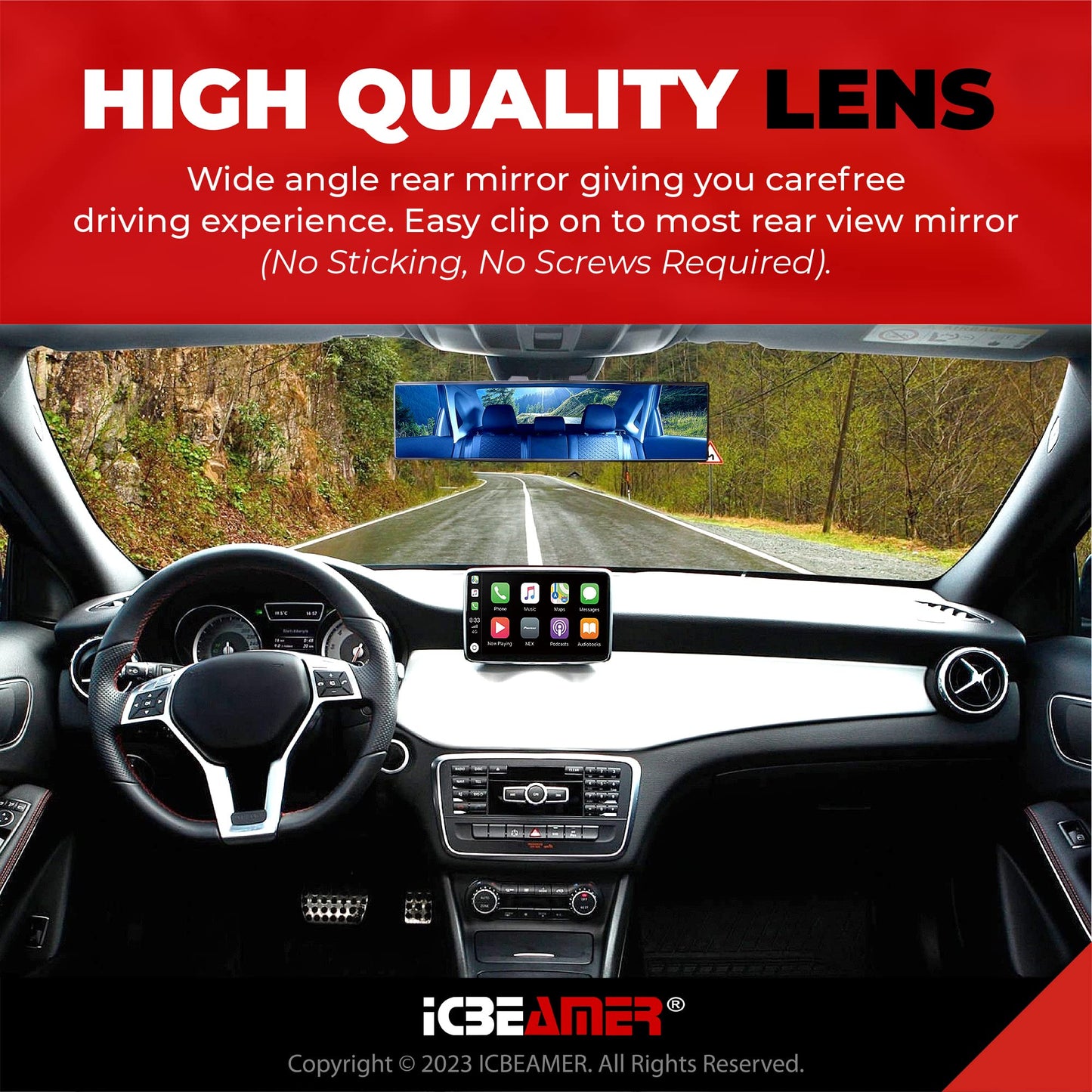 ICBEAMER 10.6" Car Rear View Mirror, HD Blue Tint, Panoramic Wide Angle Convex Surface, 2 Interior Retractable Rubber Clips, Anti Glare, Automotive Accessories Universal for Truck, Car, SUV, 1 Pack