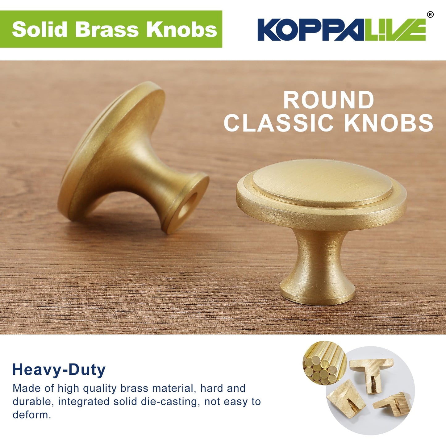 KOPPALIVE 5-Pack Solid Brass Cabinet Knobs, Round Gold Knobs for Dresser Drawers, Brushed Brass Dresser Drawer Pulls Handles, Hardware for Kitchen Cabinets, Diameter 1-1/4 Inch