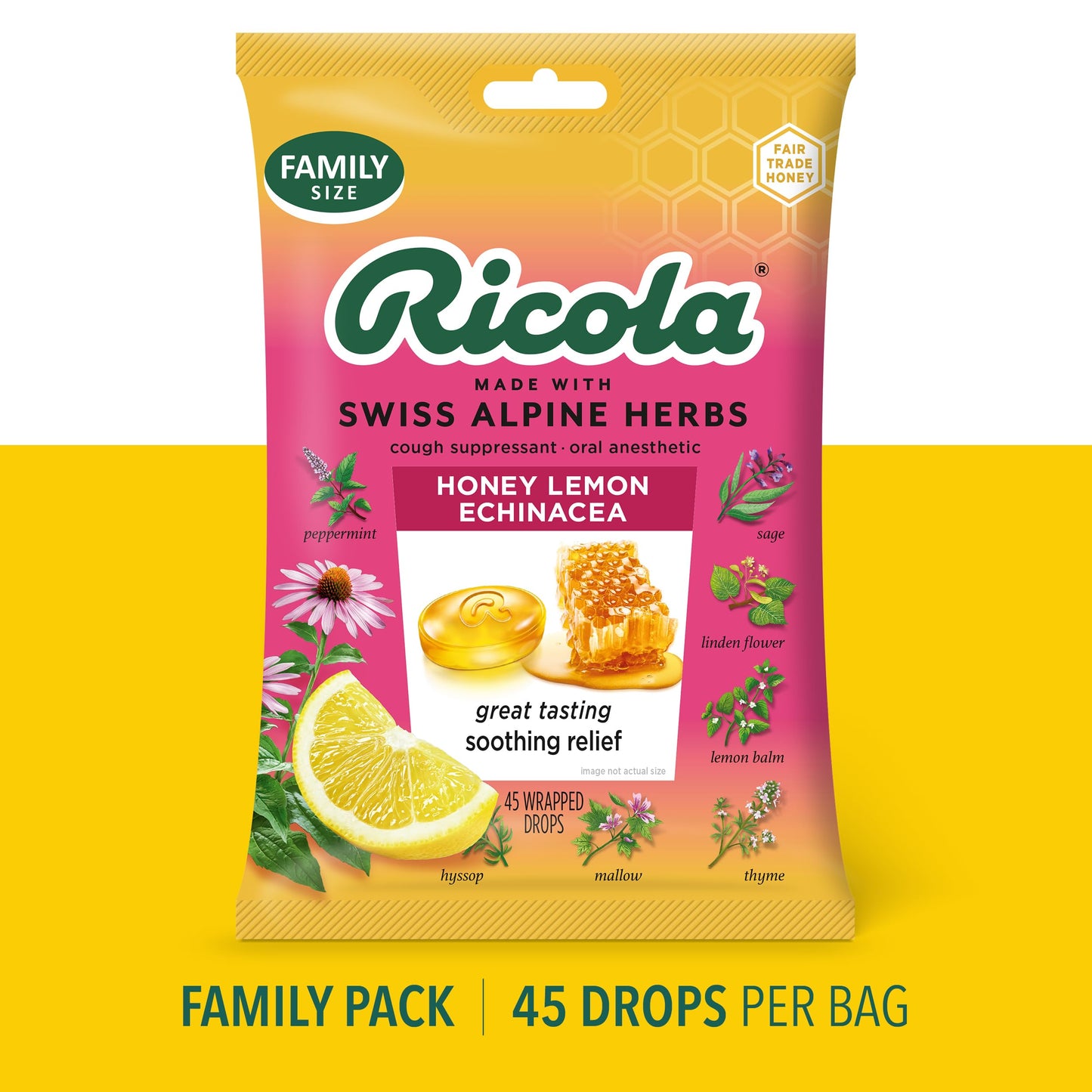 Ricola Honey Lemon with Echinacea Cough Drops, 45 Count