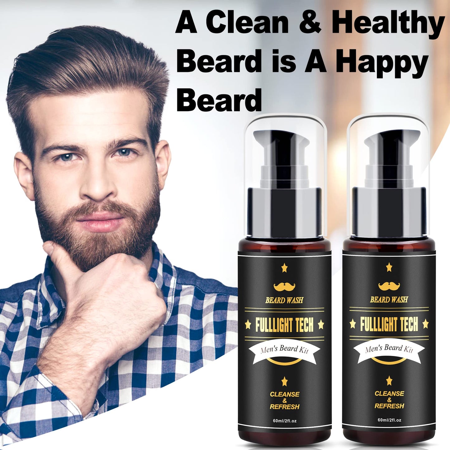 FULLLIGHT TECH 2 Pack Beard Wash/Beard Shampoo w/Argan Oil & Jojoba Oils,Rosemary Extract - Clean & Moisturizing & Nourishing for Mustache & Beard Maintenance Growth-Beard Kit for Men Gift