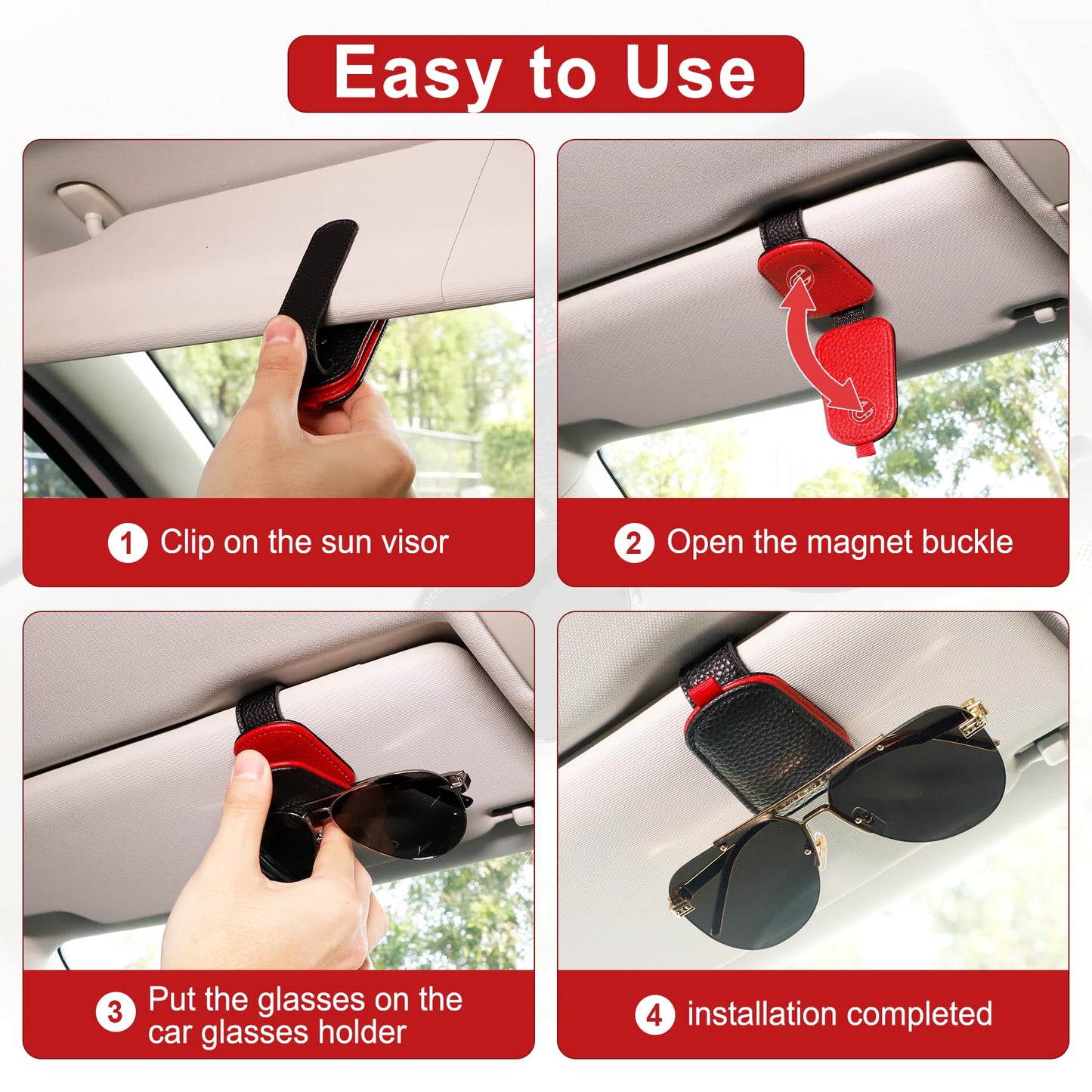 SINGARO Sunglasses Holder for Car, Leather Magnetic Buckle Sun Visor Sunglass Clip, Ticket Card Storage Glasses Clip, Car Interior Accessories for Men and Women（Black-red）