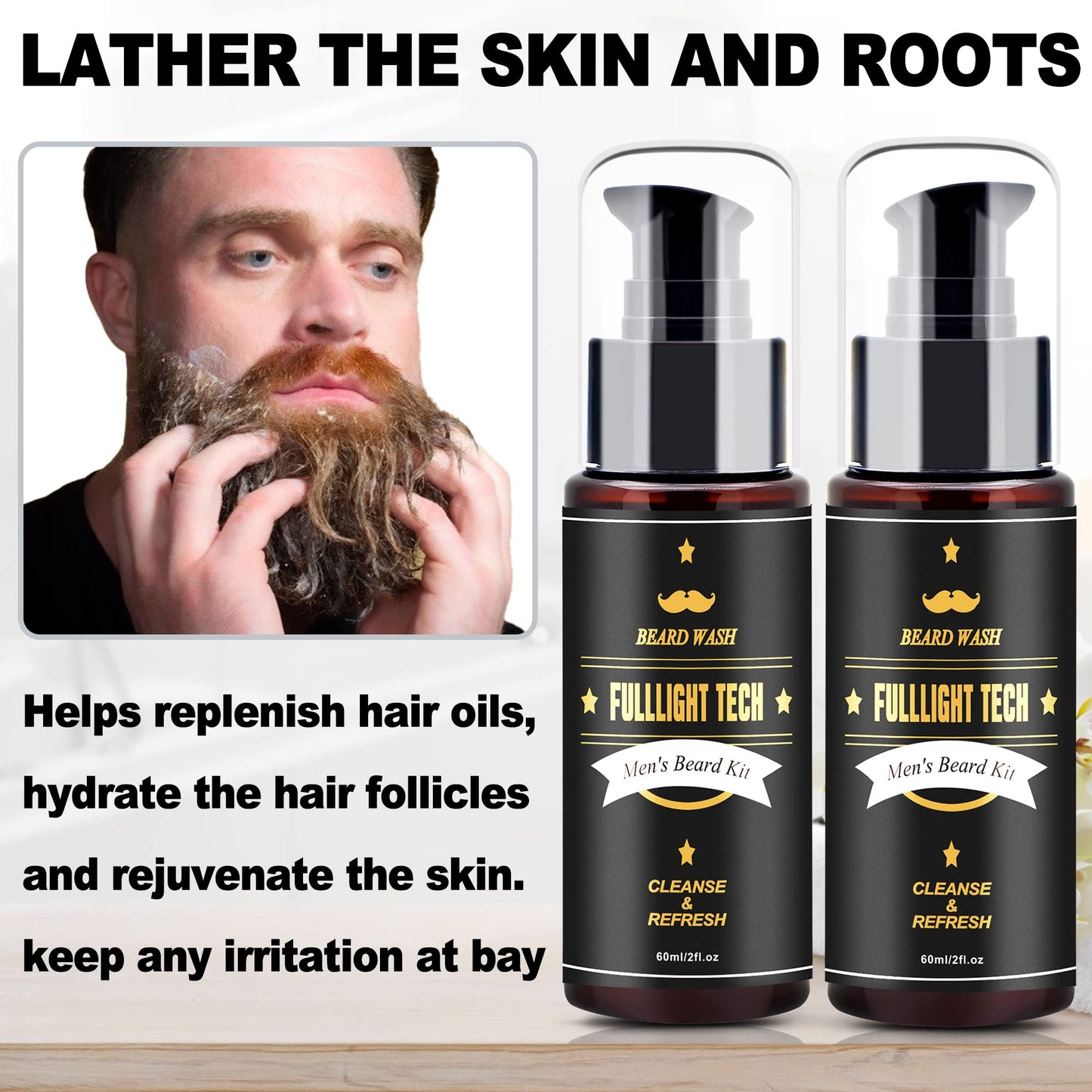 FULLLIGHT TECH 2 Pack Beard Wash/Beard Shampoo w/Argan Oil & Jojoba Oils,Rosemary Extract - Clean & Moisturizing & Nourishing for Mustache & Beard Maintenance Growth-Beard Kit for Men Gift